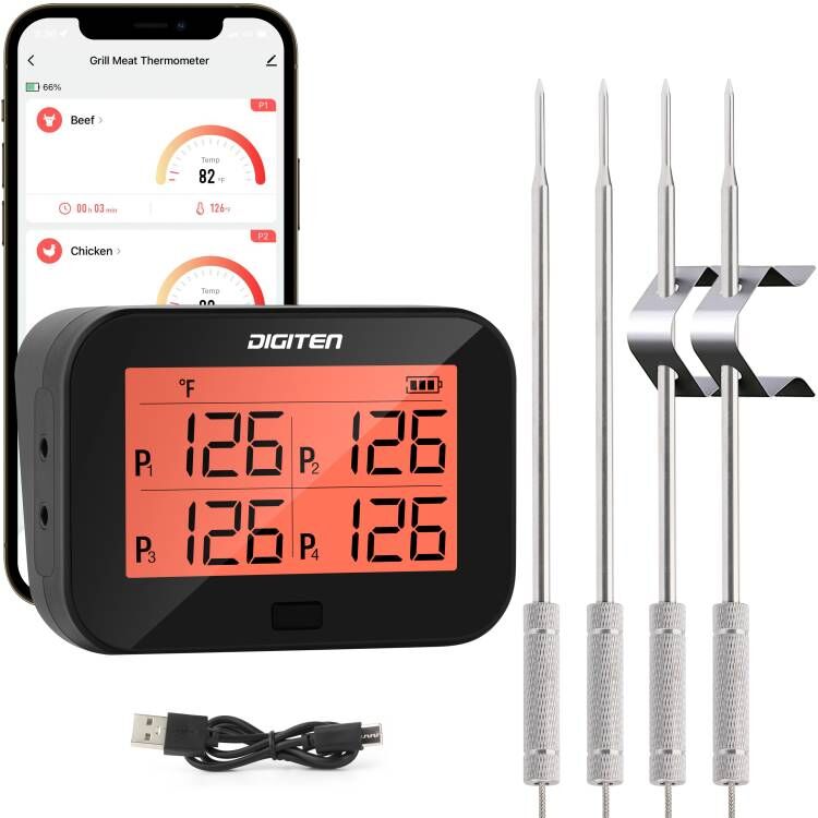 Wireless Grill Thermometer with Long Wireless Range and 4 Stainless Steel  Probes Meat Thermometer