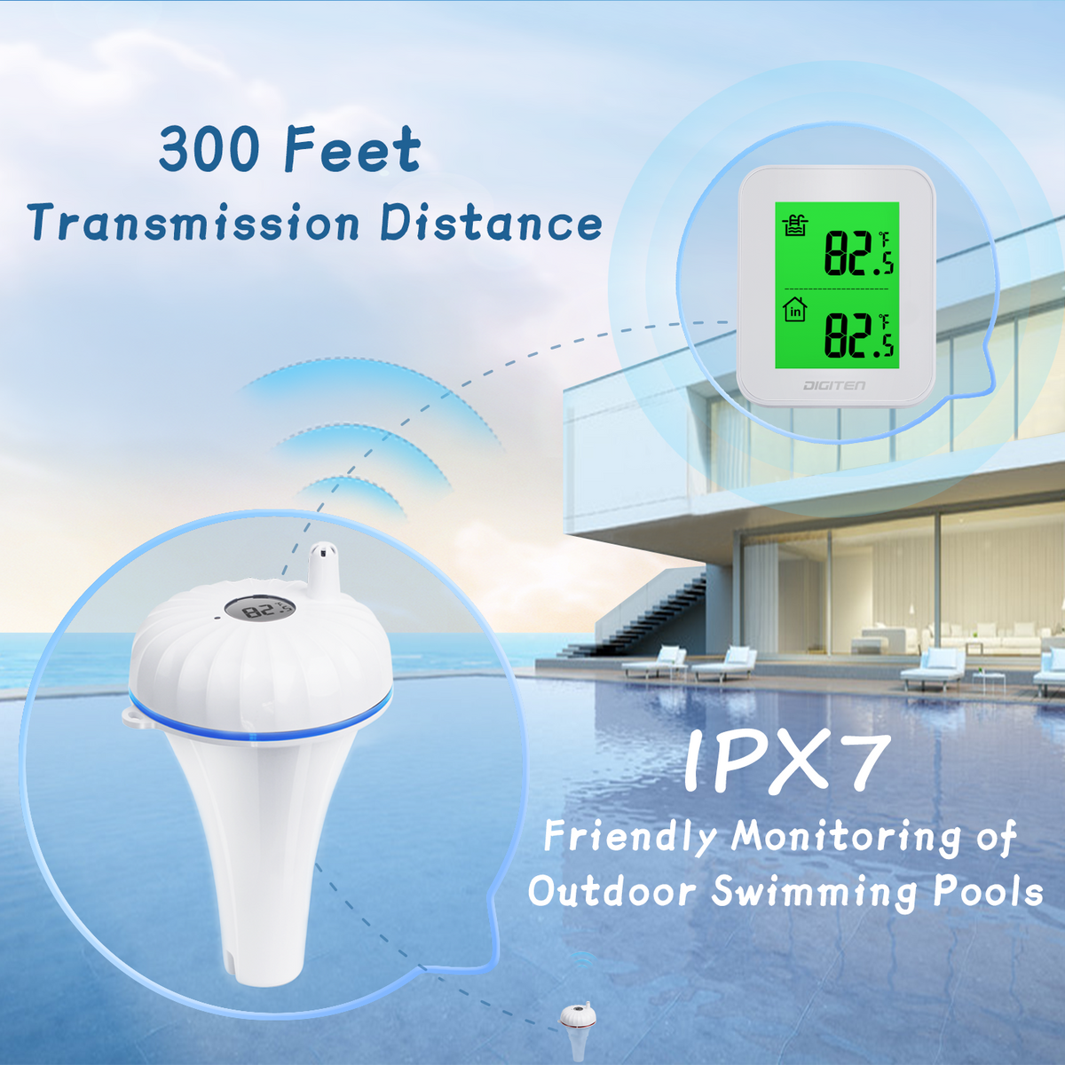 Poll Temperature Sign DIGITEN WPT-100 Swimming Pool Thermometer, Wireless Floating Pool Ther
