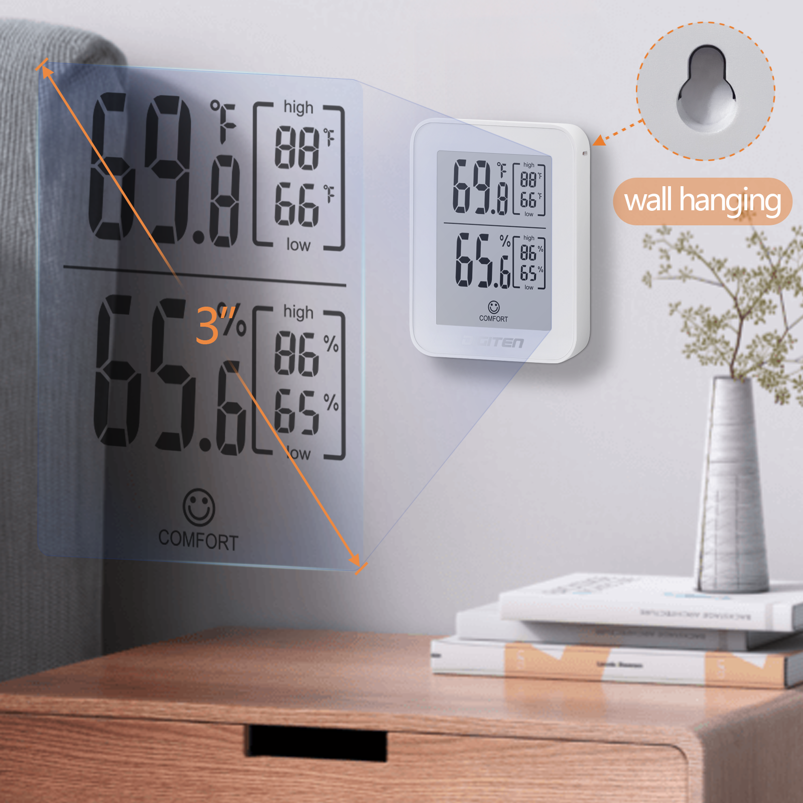DIGITEN Digital Hygrometer Indoor Thermometer Humidity Meter Rare 360°